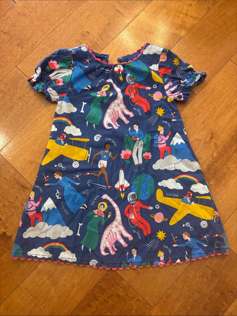 Mini Boden Navy Dress with Multicolor Adventure Strong Women Print size 3/4T